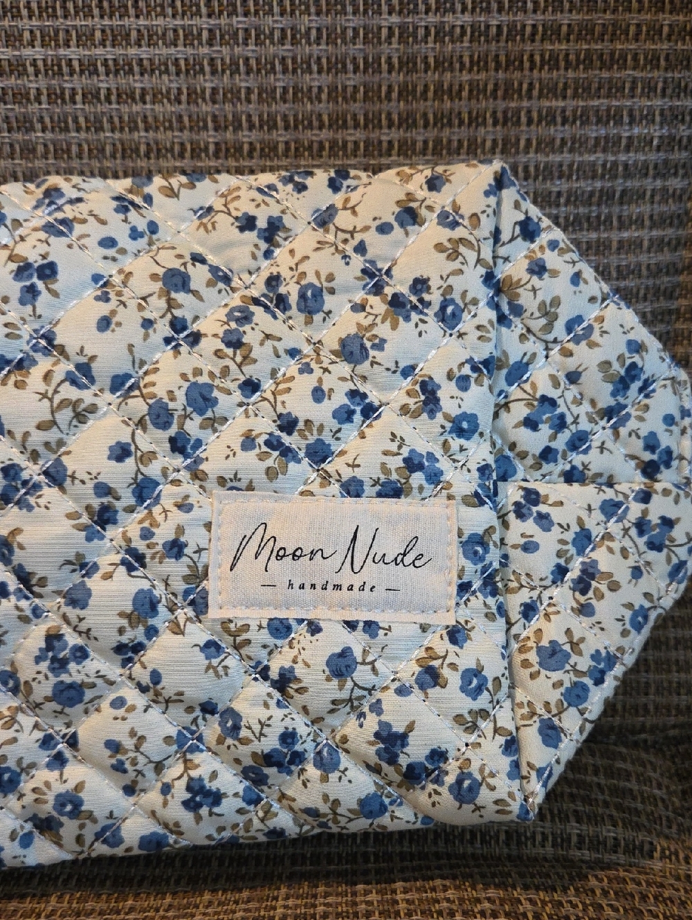 Moon Nude Handmade Quilted Floral Pouch/Cosmetic Bag in Blue and Cream